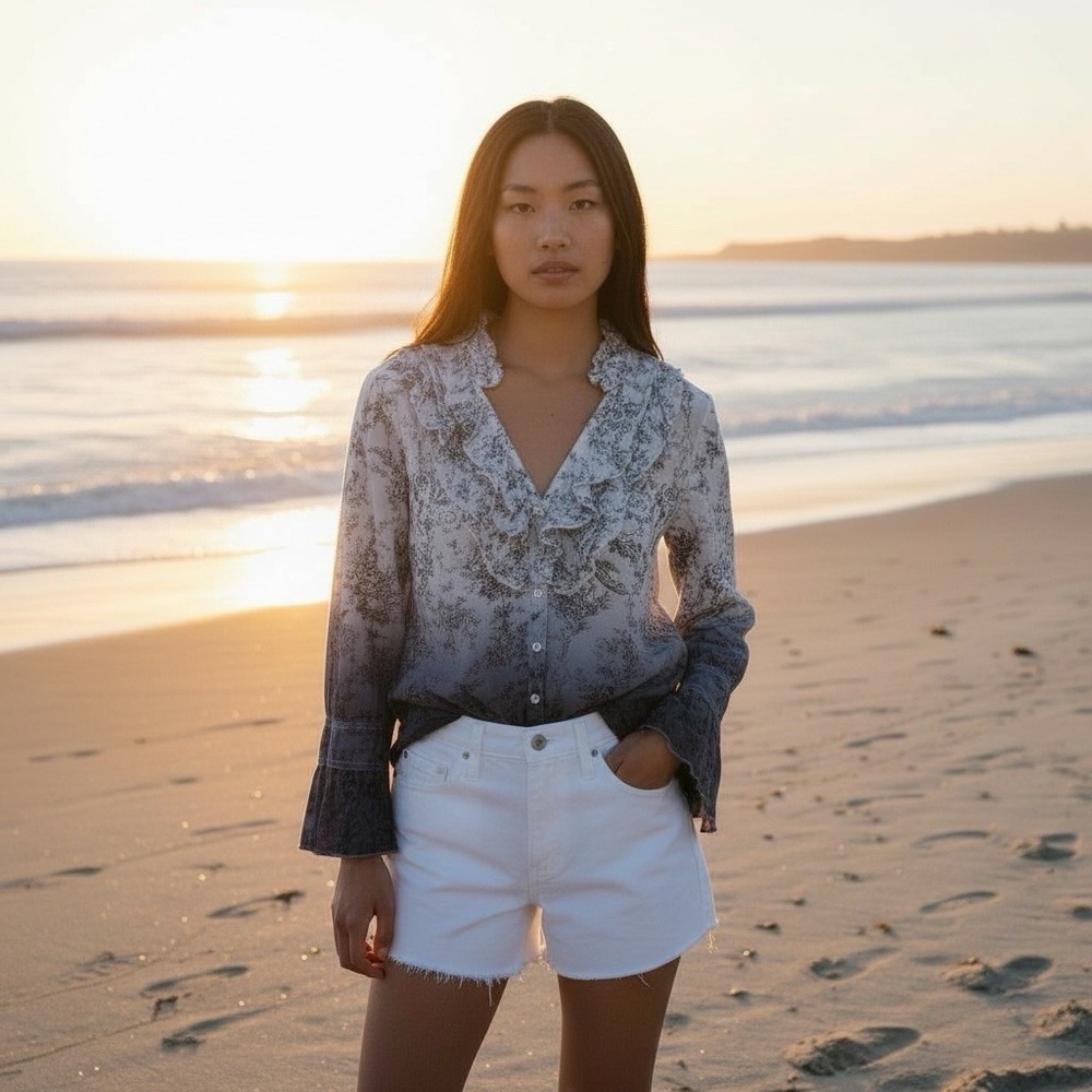 Ruffled Ombre Floral V-Neck Blouse - Navy Ombre